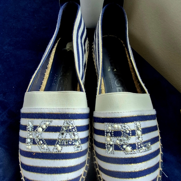 Karl Lagerfeld Navy and White Striped Embellished Espadrilles - Picture 3 of 4